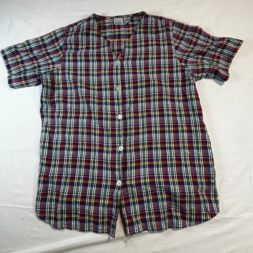 Vintage 90s Multicolor Plaid Cotton V-Neck Short Sleeve Top Cottage Grandmacore‎